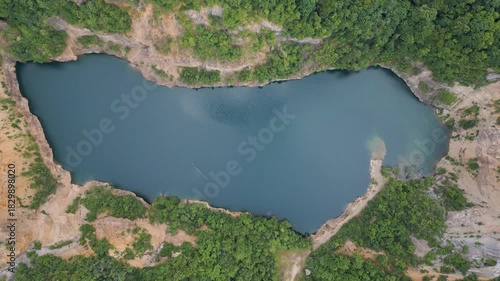 Drone aerial view of lake with mountains