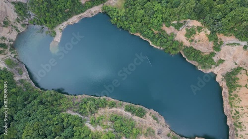 Drone aerial view of lake with mountains