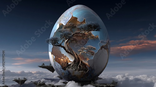 Surreal egg-shaped planet with a tree growing inside floating in the clouds
