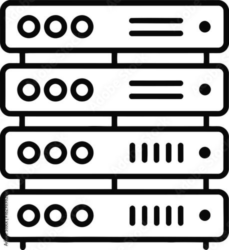 Illustration of a server rack with multiple servers stacked on top of each other in black and white
