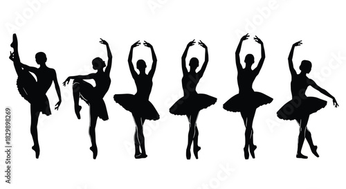 Elegant ballet dancer silhouettes performing graceful classical dance poses in various positions on white background, illustrating art, beauty, and movement.
