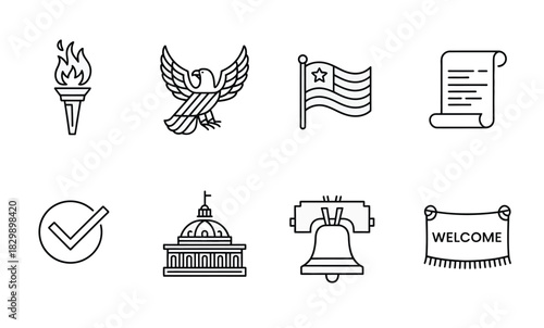 american symbols icons set featuring torch, eagle, flag, and liberty bell, designed with clean vector lines, patriotic elements, bold national imagery, and versatile graphics suitable for educational 