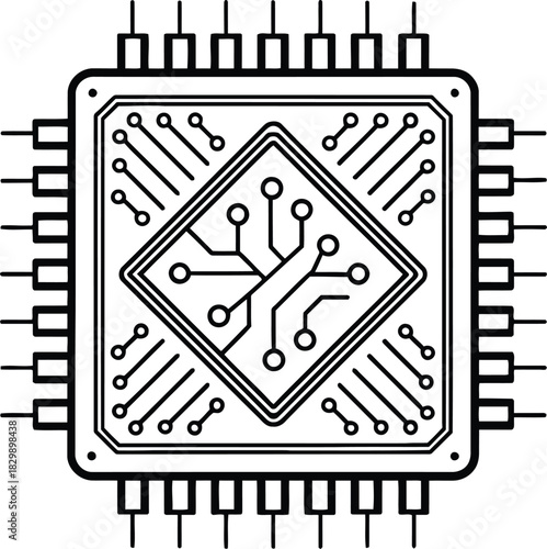 Illustration of a black and white computer chip with intricate circuit patterns and multiple pins
