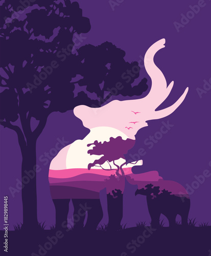 Elephant family silhouette with vibrant sunset landscape double exposure, illustrating wildlife conservation