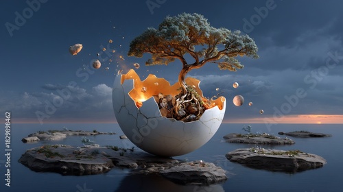 Surreal Landscape: Tree Growing from Broken Egg on Floating Islands at Sunset