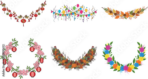 Collection of six colorful floral garlands isolated on transparent background, perfect for adding a touch of nature to designs