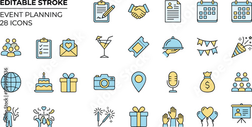 Event planning icons, party celebration vector set, business meeting symbols, wedding and birthday collection, editable stroke illustrations for management and corporate organizer