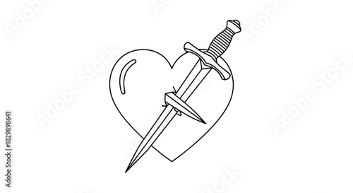 Minimalist black and white line art depicting a heart with a dagger piercing through it