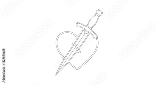 Minimalistic Line Drawing of a Heart with a Dagger Passing Through It Representing Love and Pain