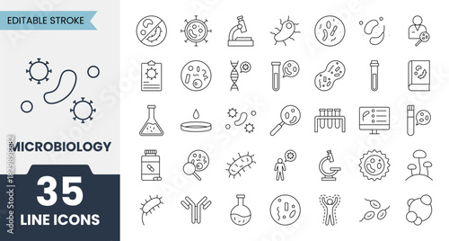 Microbiology line icons set with editable stroke. Containing microbe, virus, bacteria, cells, DNA, lab tools, microscope and more. Vector illustration