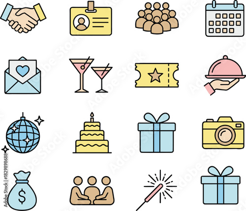Event planning icons, party celebration vector set, wedding and birthday symbols, corporate meeting signs, catering service illustrations, entertainment line art collection