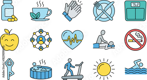 Health and wellness icons, fitness vector set, healthy diet symbols, weight loss signs, medical care collection, spa and relaxation illustrations, for lifestyle design