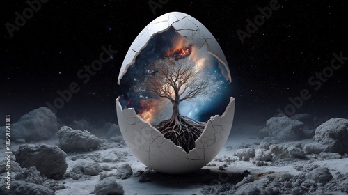 The Birth of a Cosmic Tree: A Tree Emerging from a Cracked Eggshell