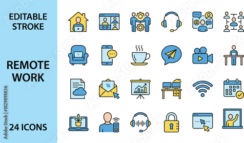 Remote work icons, home office vector set, video conference symbols, freelance business signs, digital communication collection, editable stroke illustrations for web design