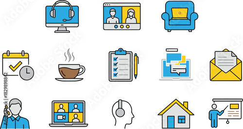 Remote work icons, work from home vector set, online meeting symbols, video conference signs, freelance lifestyle illustrations, business webinar and communication collection
