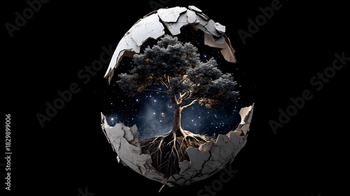 Tree of life growing within broken eggshell against starry night background