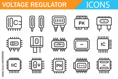 Modern voltage regulator and hardware component line icons for UI