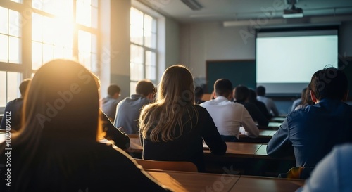 Students listening to a lecture in a sunlit university classroom.