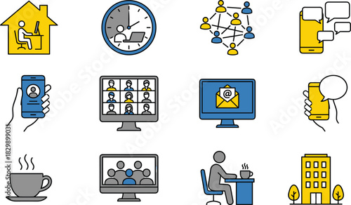 Work from home icons, remote work vector set, online meeting symbols, digital communication illustrations, office building and coffee cup, for freelancer lifestyle design