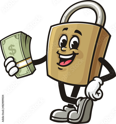 Cartoon padlock mascot holding cash