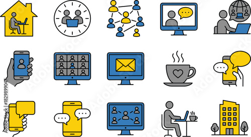 Work from home icons, remote work vector set, online meeting symbols, video conference signs, digital communication illustrations, office building and coffee cup