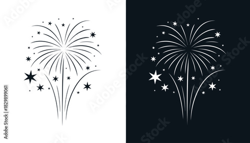  Elegant vector illustration of fireworks with stars and sparkles displayed on contrasting white and dark backgrounds, symbolizing celebration, festive events, holidays, parties, joy and decorative de