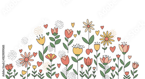 A whimsical array of hand-drawn spring flowers, colorful hearts, and scattered dots arranged in a border on a clean white background.
