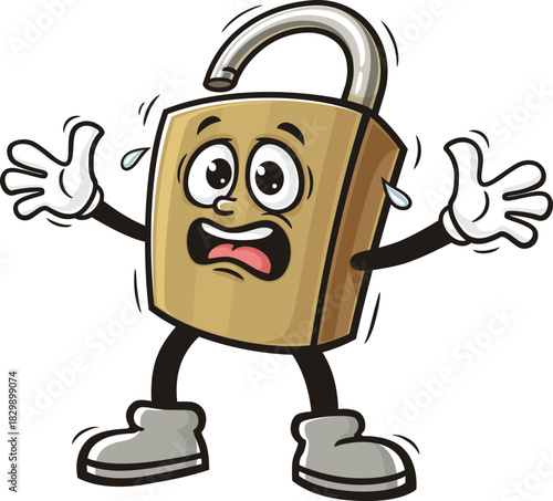 Cartoon padlock mascot is panicking and scared