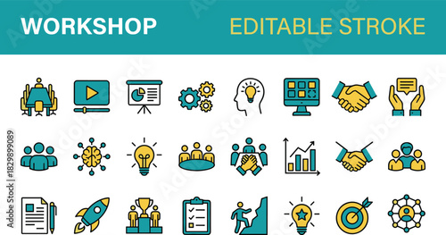 Workshop icons, business training vector set, corporate teamwork symbols, strategy meeting signs, education seminar collection, editable stroke illustrations for presentation and learning