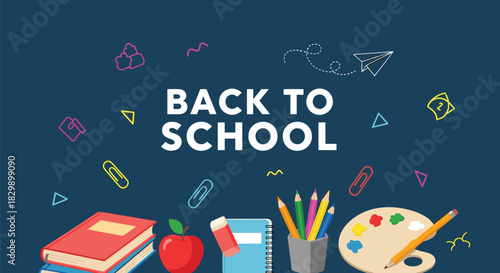 Flat lay illustration of school supplies like books, an apple, and art materials with \.