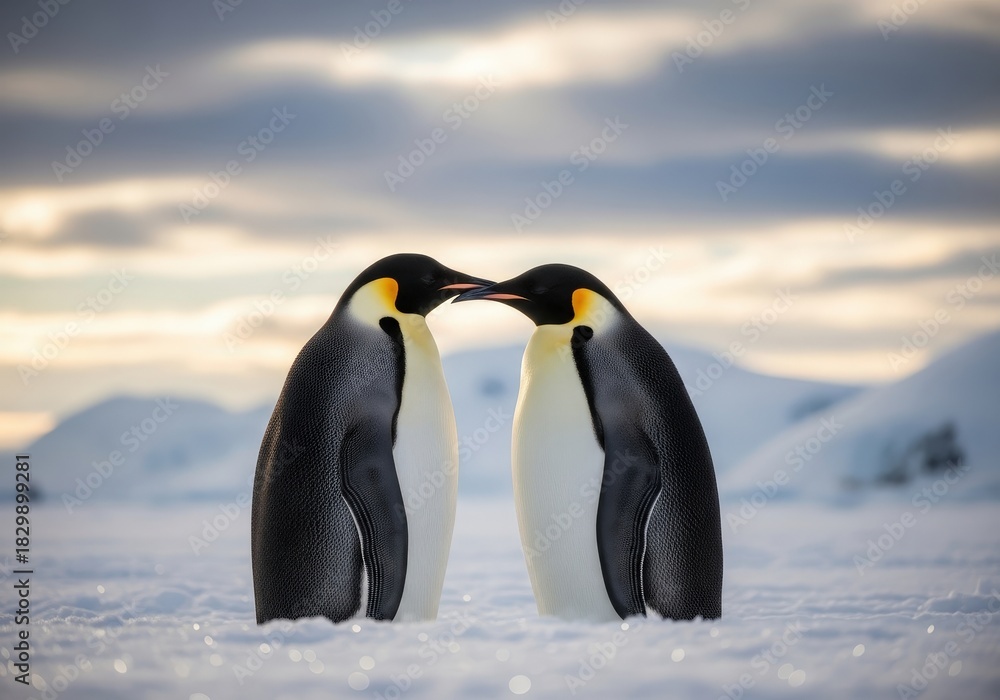 Obraz premium Pair of Elegant Penguins Sharing Affection in a Snowy Landscape with Soft Light Background