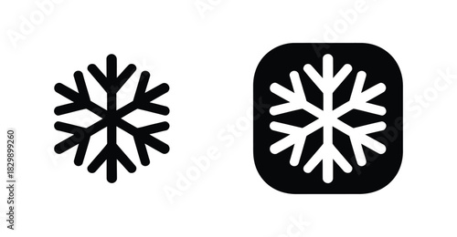  Minimal black and white vector illustration of snowflake icons, including a standalone symbol and a rounded-square badge version, representing winter, cold weather, ice, cooling and seasonal concept