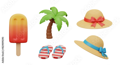 Summer vacation accessories and treats including ice cream, palm tree, flip flops and hats for a tropical beach holiday