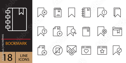 A collection of minimalist line art icons representing bookmarks and books, perfect for graphic design, app interfaces, and web elements. Bookmark Set Icon. Enhance Your Web Navigation. Bookmark line 