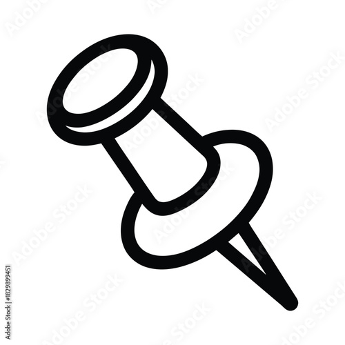  Minimal black line vector illustration of a tilted pushpin icon with sharp pointed tip, symbolizing reminders, notes, office stationery, bulletin board tools, organization and planning concepts