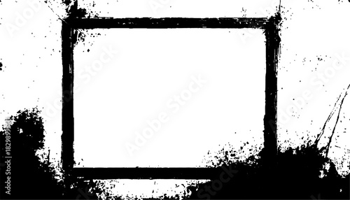 Grunge border frame with black ink splatters on a white background. Ink splattered frame, grunge texture, white background, design element. 