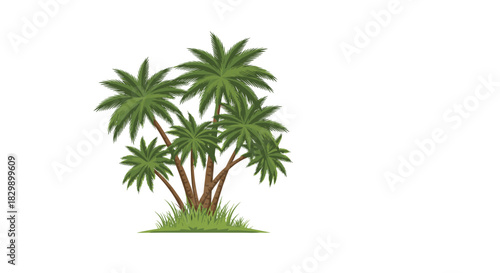 A vibrant cluster of tropical palm trees with lush green fronds and sturdy brown trunks, rooted in a patch of grass, isolated on a white background.