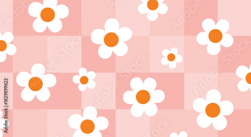 A charming seamless pattern featuring scattered white daisy flowers with bright orange centers on a delightful checkered background of soft pink shades.