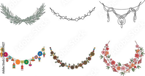 Collection of festive garlands with floral and ribbon elements isolated on transparent background for celebrations