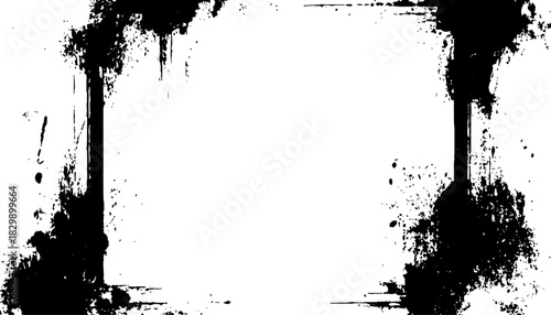 Grunge border frame with black ink splatters on a white background. Ink splattered frame, grunge texture, white background, design element. 