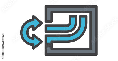  Modern colored vector illustration of an exit arrow symbol with curved blue directional lines entering a square frame, representing logout, output flow, data transfer, navigation, and interface conce