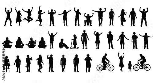 Happy diverse people silhouettes collection, active lifestyle, large group, children adults celebrating success, jumping, sitting, cycling, standing poses, black vector.