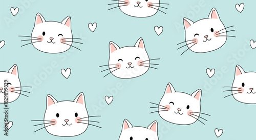 A delightful seamless pattern featuring cute cartoon white cat faces with varied expressions and small white hearts on a gentle light blue background.