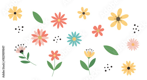 A charming and cheerful seamless pattern featuring a delightful assortment of stylized colorful flowers and green leaves on a pristine white background, ideal for spring or summer.