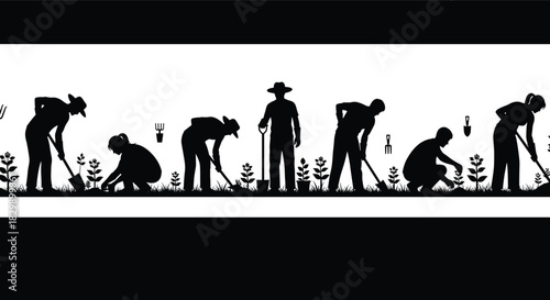 Gardeners Working Silhouettes Vector Banner, People Planting Flowers and Digging Soil, Farming, Horticulture, Black and White