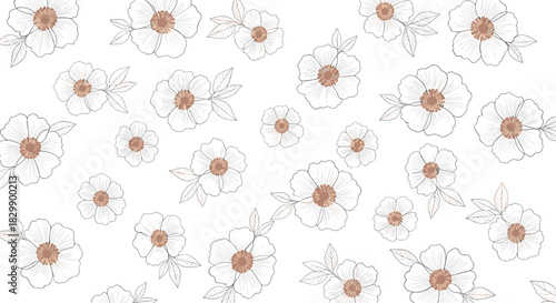 Elegant floral pattern featuring delicate line-art flowers with warm brown centers against a clean white backdrop.