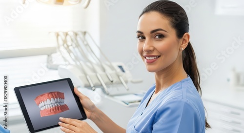 Dentist holding a tablet displaying 3D dental model in a modern dental clinic setting