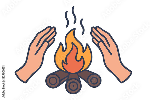 Hands warming by fire campfire with burning logs and smoke