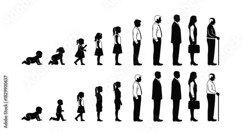 Human life cycle stages silhouette collection, growth from baby to old age, male and female figures, black vector illustration.
