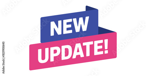  “Modern ribbon banner design featuring bold white text ‘New Update!’ on blue and pink layered shapes, perfect for announcement graphics, software release notices, promotional highlights and digital 